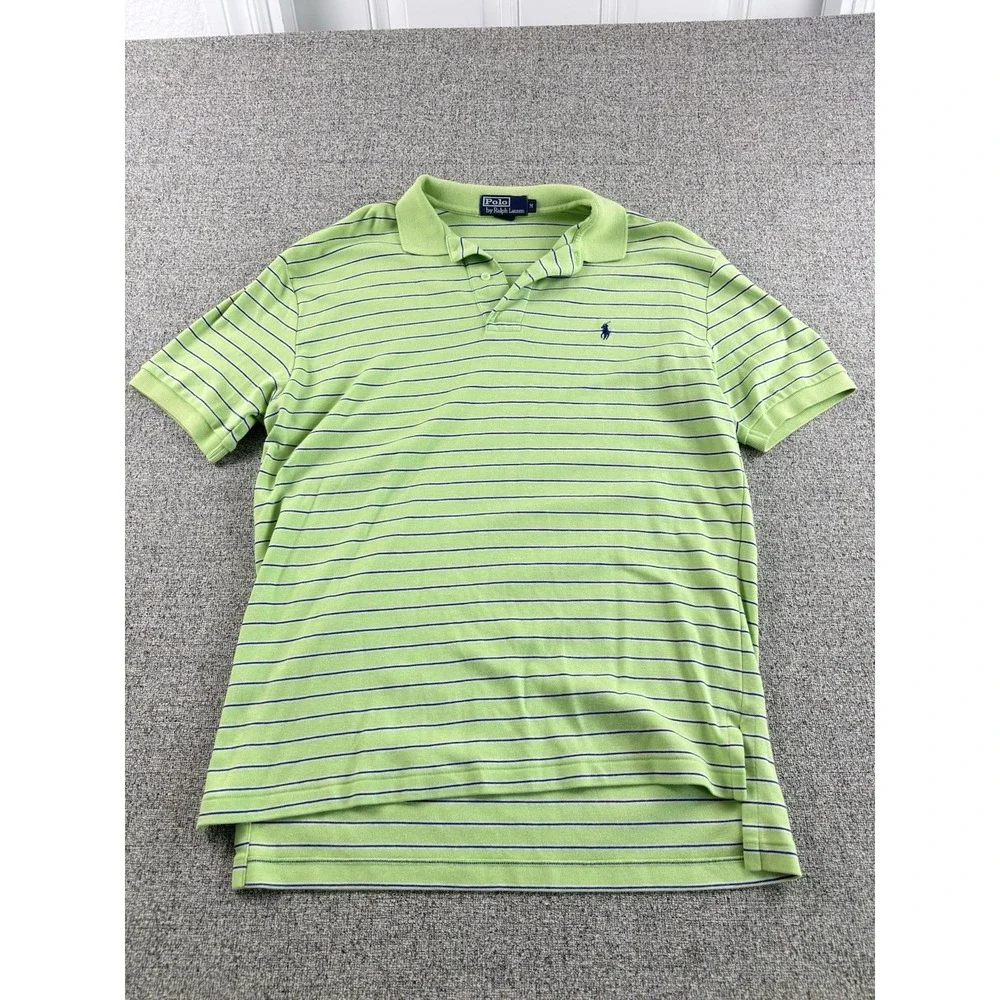 Polo Ralph Lauren Striped Polo Shirt Lime Green Blue Pony Men's Medium Cotton